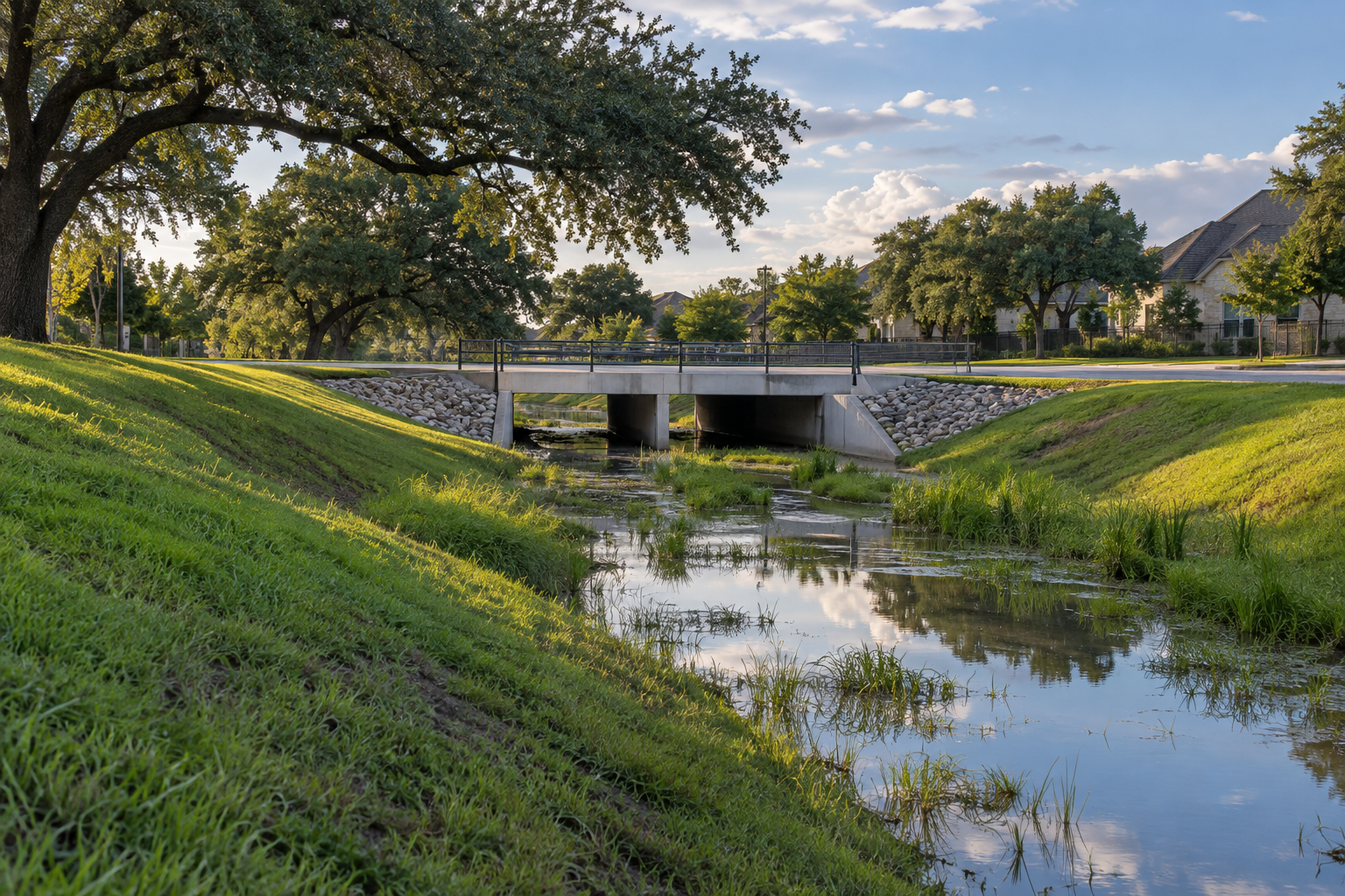Illustrative grass-lined drainage channel and culvert crossing