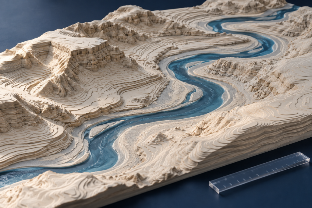 Conceptual terrain model illustrating watershed and hydraulic analysis