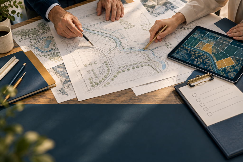 Concept illustration of engineers coordinating site plans, mapping and project documentation