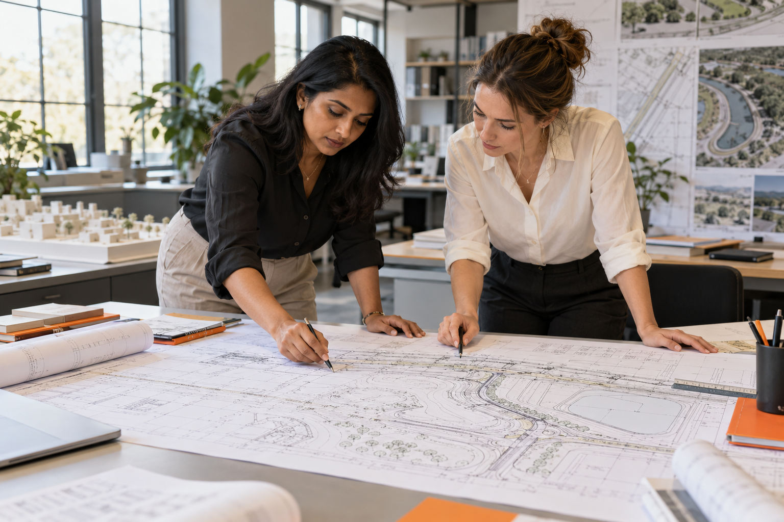 Two women civil engineers reviewing drainage and site design drawings.