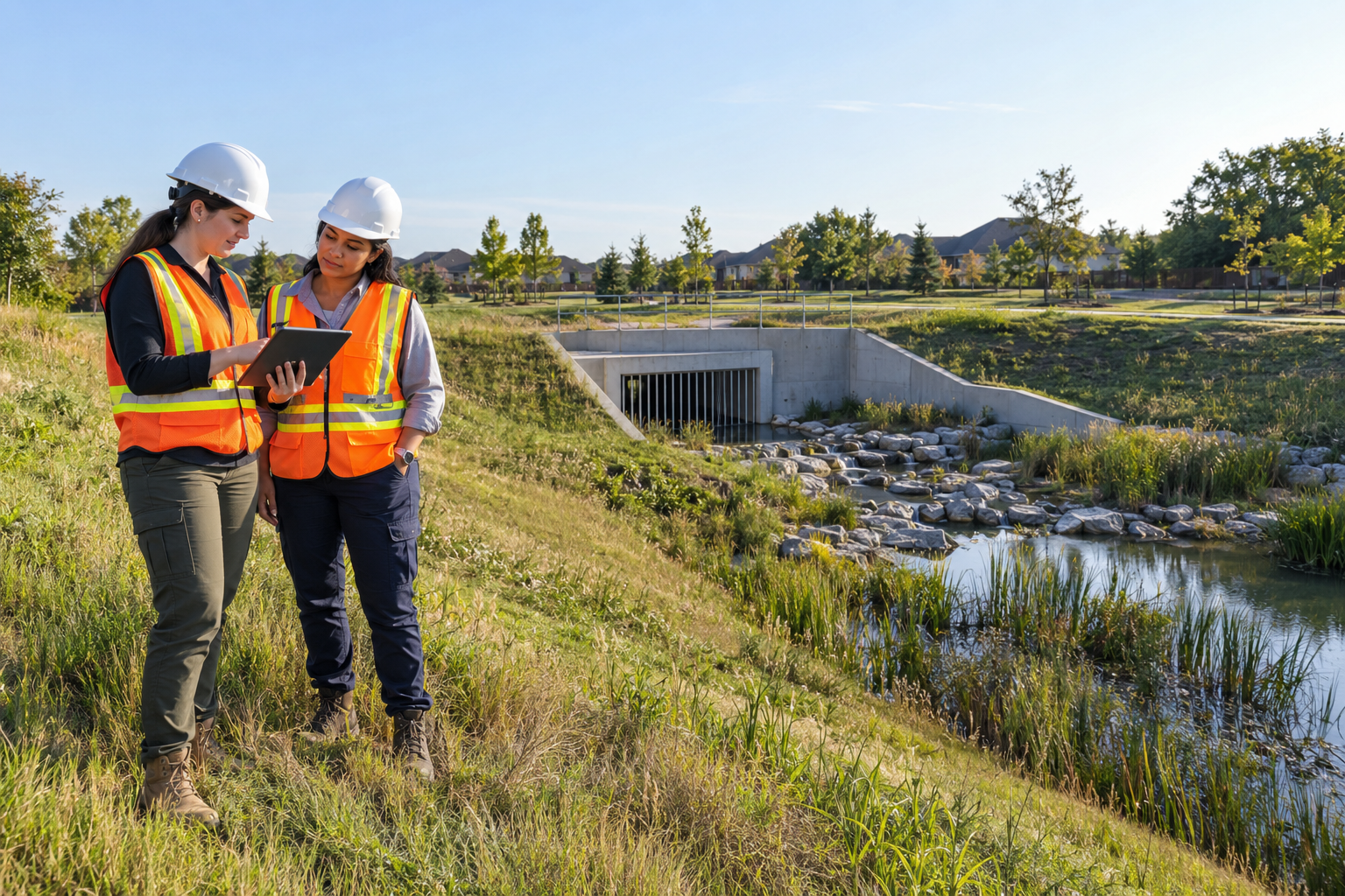 Women civil engineers reviewing a tablet beside a stormwater basin and drainage outlet.