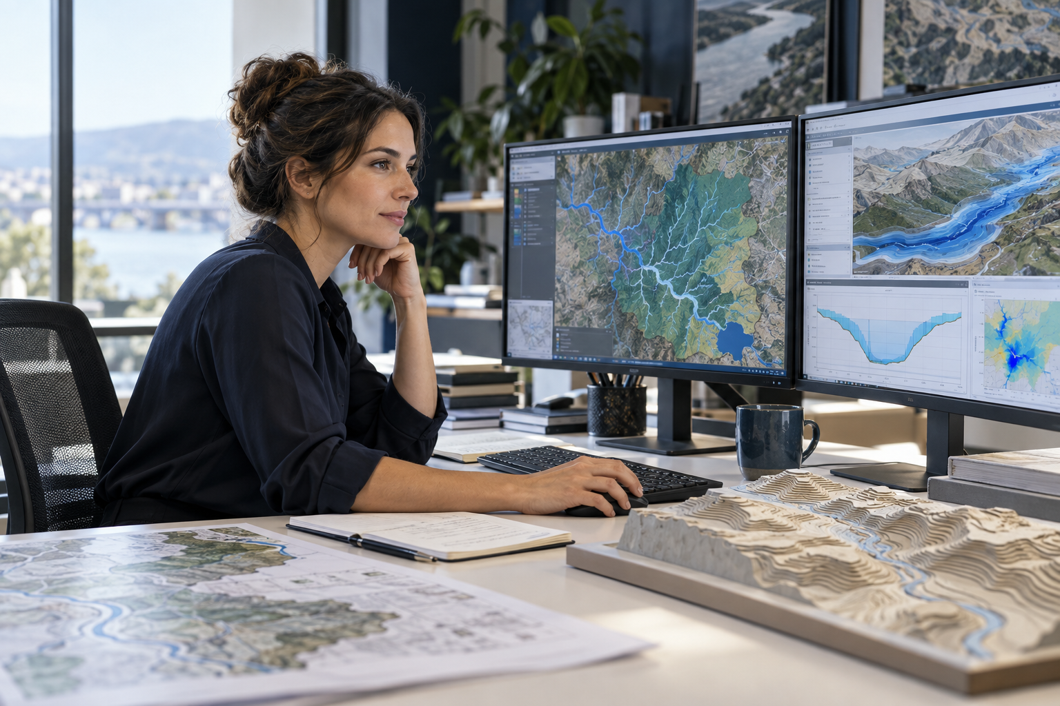 Woman water-resources engineer examining watershed maps and hydraulic modeling displays.