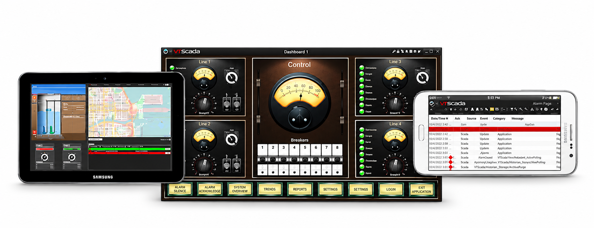 VTScada SCADA dashboard, tablet process display and mobile alarm screen